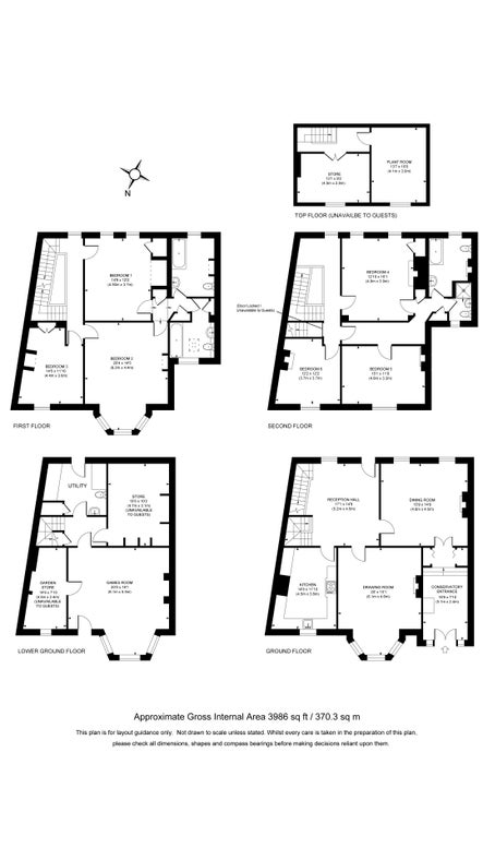 The floor plan for Wainman House, showing the ground floor with entrance hall, kitchen, sitting room, dining room and conservatory. Then the basement with utility room and games room. Then the first floor with two bedrooms with en-suite bathrooms and another bedroom. Then the second floor with three bedrooms, a bathroom and a shower room.